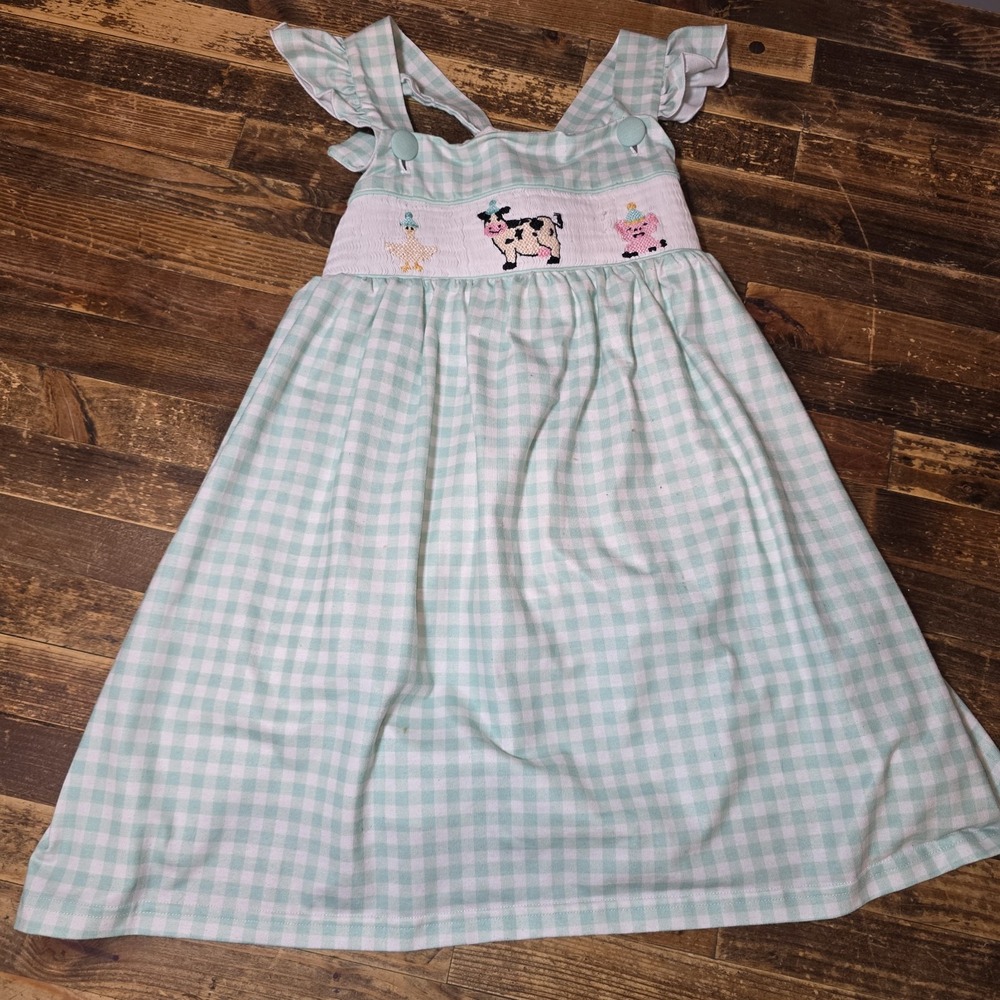 Busy Bees Smocks Dress Girls Sz 7 Green Smocked Birthday Party Farm Animals